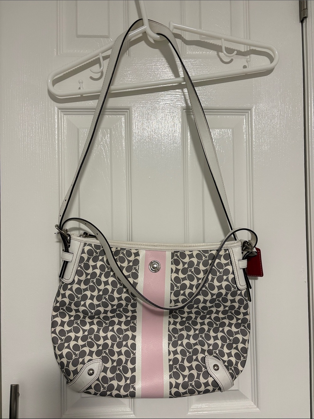 Coach women’s  Gray Signature Shoulder Bag with Pink Stripe